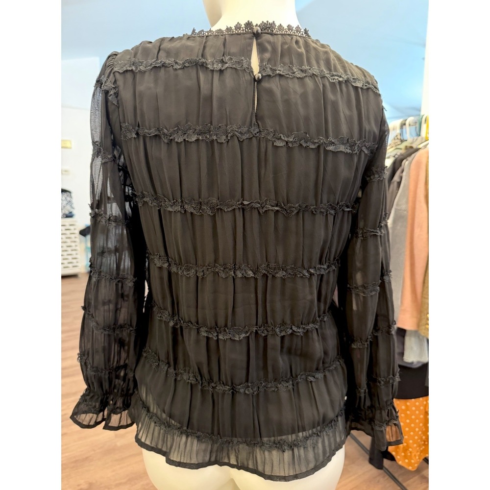 Elegant Black Chiffon Ruffle Top Blouse S/4/6 Career Cocktail Classy Old Money - Picture 6 of 14